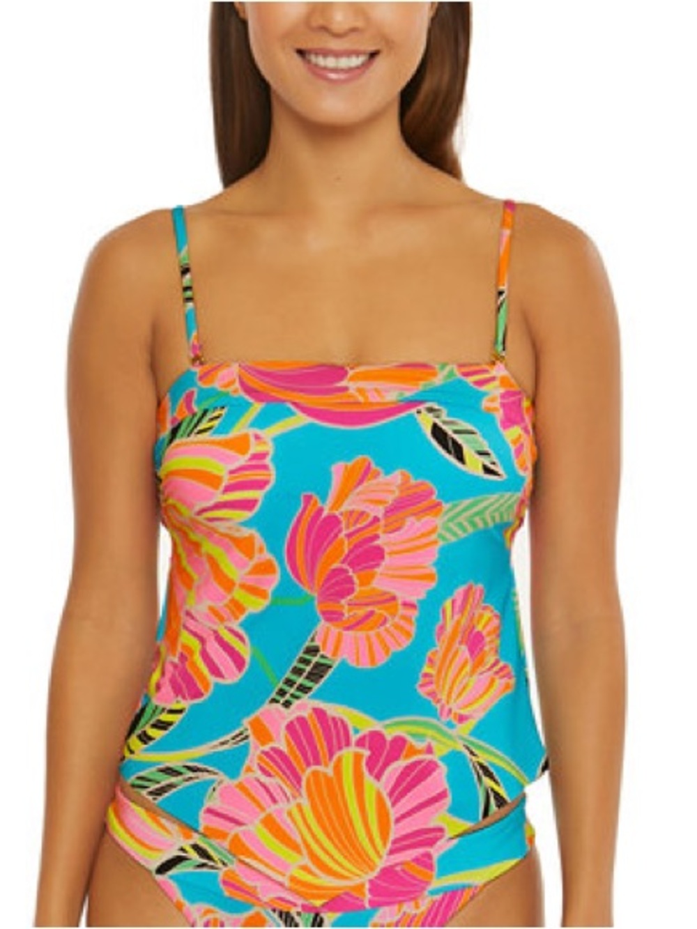 Trina Turk Turquoise Floral Swim Top with Pink & Orange Blooms